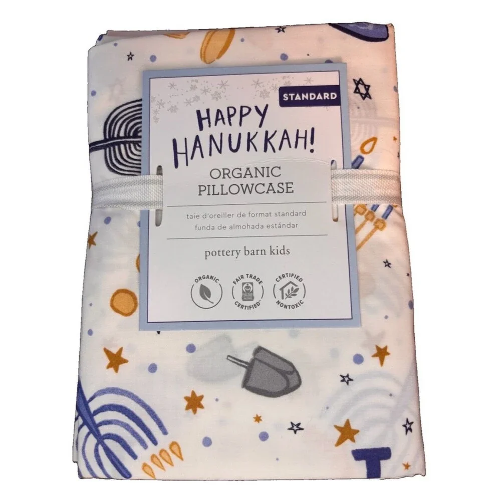 Pottery Barn Kids Standard Pillowcase Happy Hanukkah Organic Cotton Blue Gold